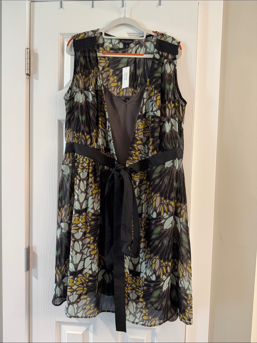 Banana Republic Black Floral Overlay Dress with Mint and Mustard Accents